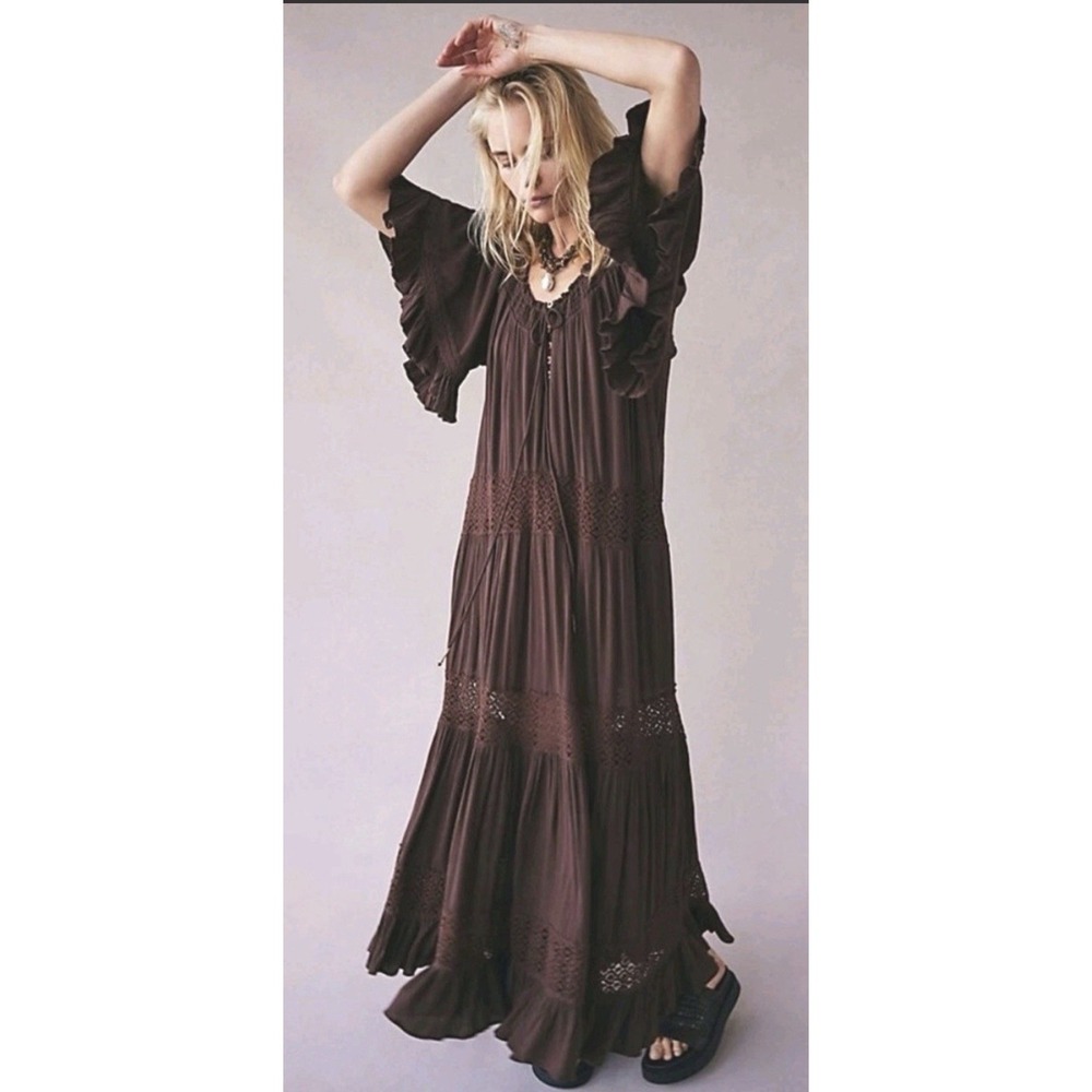Free People Dream On Maxi Crocheted Dress Flutter Sleeves Oversized XS Bohemian